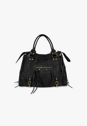 Sac à main en daim noir avec deux poignées supérieures, accents en métal doré, une poche zippée à l'avant et des franges décoratives sur les côtés.