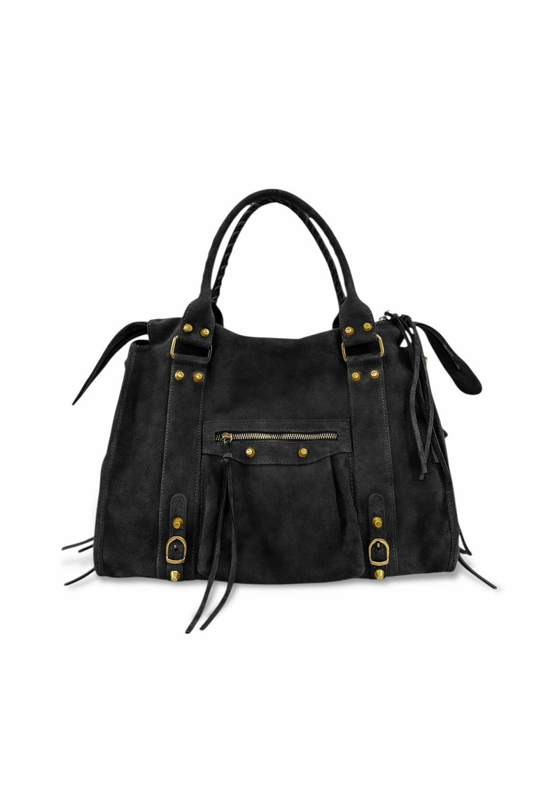 Sac à main en daim noir avec deux poignées supérieures, accents en métal doré, une poche zippée à l'avant et des franges décoratives sur les côtés.