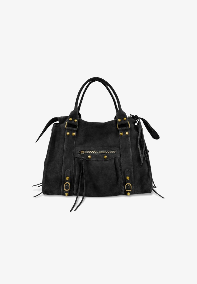 Sac à main en daim noir avec deux poignées supérieures, accents en métal doré, une poche zippée à l'avant et des franges décoratives sur les côtés.