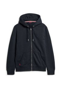 Marineblå zip-up hættetrøje lavet af bomuldsblanding. Har hætte, frontlommer, broderet logo og metallynlås. Blød tekstur.