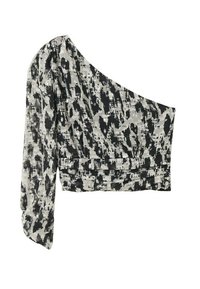 One-shoulder cropped top in black and white abstract print, with long sleeve on one side and pleated detailing at the waist. Lightweight fabric.