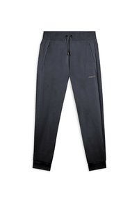 Pantalon de jogging gris foncé en tissu doux, avec une taille élastique et un cordon de serrage, deux poches latérales et des poignets côtelés.