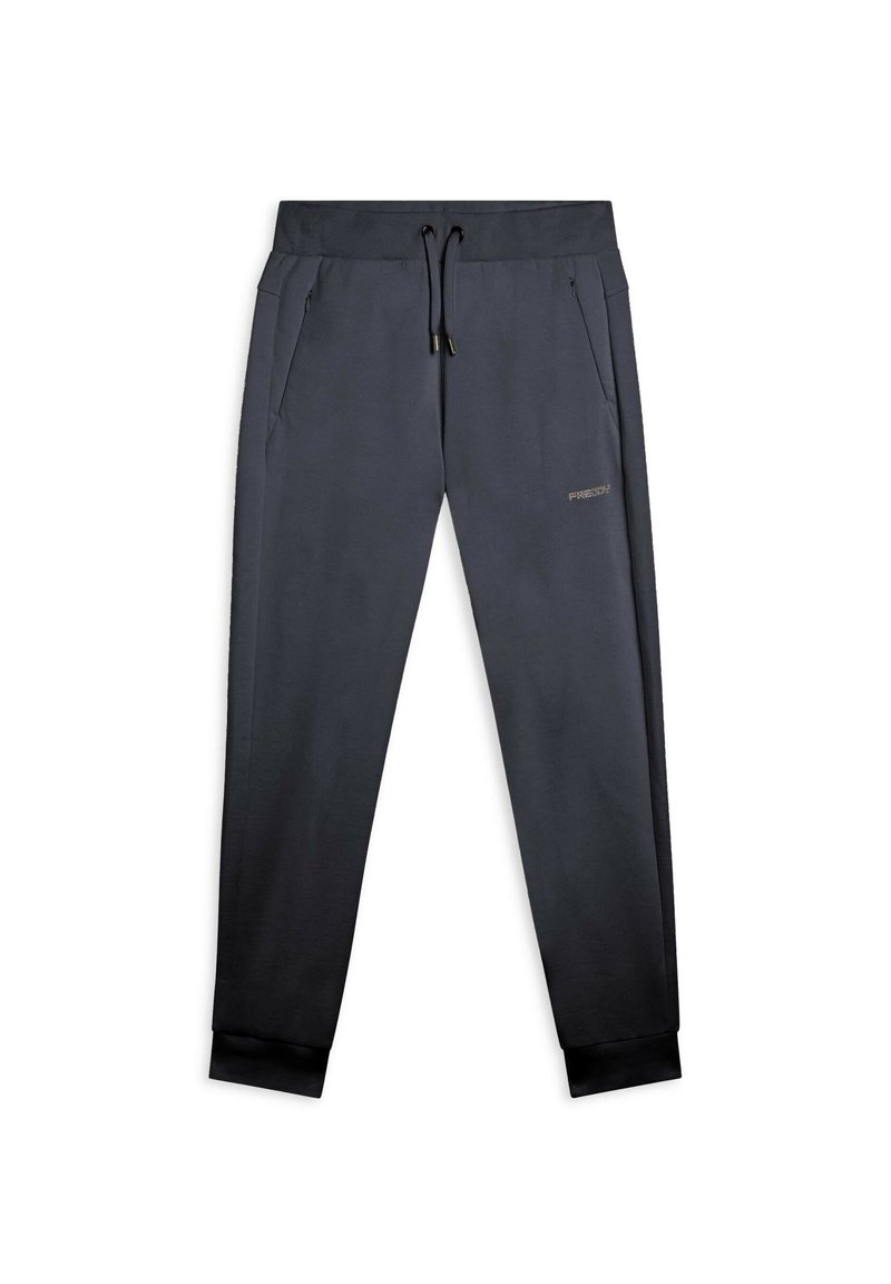 Pantalon de jogging gris foncé en tissu doux, avec une taille élastique et un cordon de serrage, deux poches latérales et des poignets côtelés.
