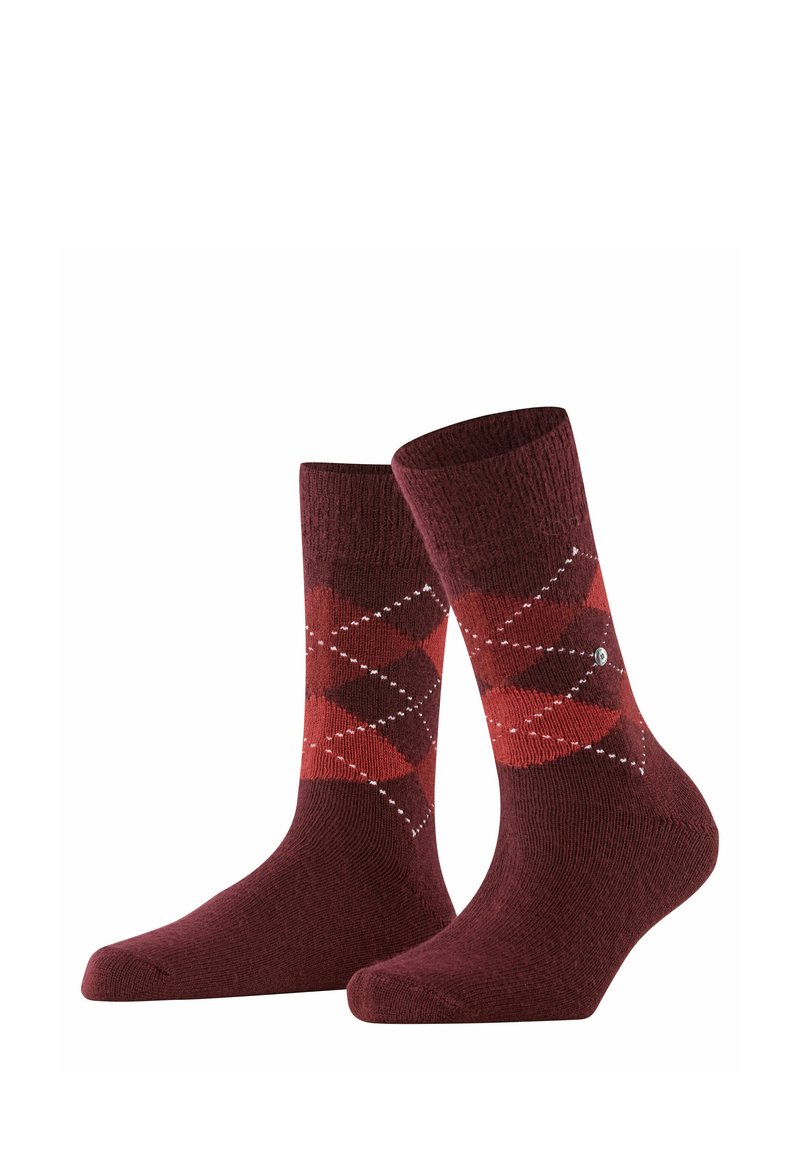 Calze in cotone a girocollo di un profondo colore bordeaux, caratterizzate da un motivo a diamante in tonalità di rosso chiaro e dettagli bianchi, con una finitura strutturata.
