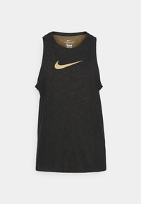 Černý bezrukávový tank top Nike se zlatým logem swoosh. Vyrobeno z texturované látky, s kulatým výstřihem a volným střihem.