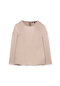 Beige long-sleeve top with a round neckline and back zipper, featuring a smooth, slightly shiny texture and straight cut hem.