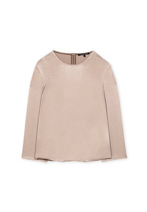 Beige Langarmshirt mit rundem Ausschnitt und Reißverschluss hinten, mit einer glatten, leicht glänzenden Textur und geradem Saum.