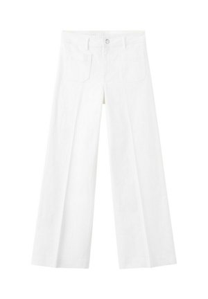 Bijele široke hlače visokog struka s prednjim zatvaračem na kopčanje i dva prednja džepa, prikazane na jednostavnoj bijeloj pozadini.