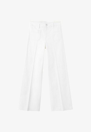 Pantalones anchos blancos de cintura alta con cierre de botones frontal y dos bolsillos delanteros, mostrados sobre un fondo blanco liso.