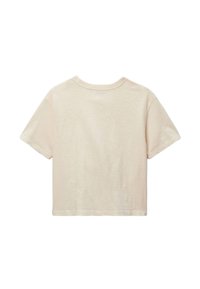 T-shirt court à manches courtes beige avec un col rond, présenté de dos sur un fond blanc.