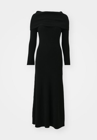 Black ribbed knit long-sleeve midi dress with off-the-shoulder wide collar and fitted waist silhouette on plain white background.