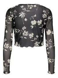 Musta, ohuesta läpikuultavasta kankaasta valmistettu pitkähihaisen yläosa, jossa valkoisia ja vaaleanbeigen sävyisiä kukkakuvioita, aaltoileva helma ja pääntie. Kevyt, läpinäkyvä kangas.