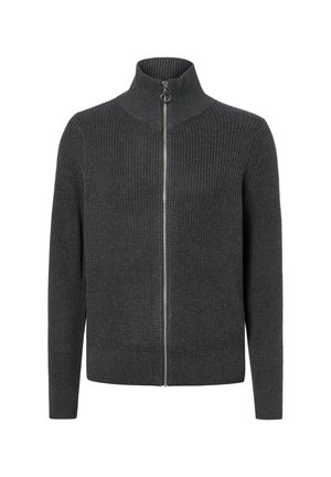 Dunkelgrauer gestrickter Pullover mit Reißverschluss, hohem Kragen und langen Ärmeln, mit einem Metallring am Reißverschluss.