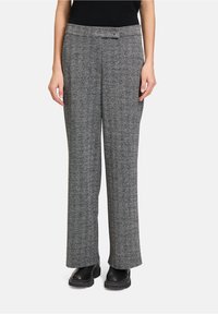 Grijze broek met een visgraatpatroon in een rechte pasvorm, met een platte voorkant, riemlussen en een gladde stofstructuur.