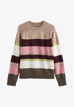 Sweter dzianinowy z poziomymi paskami w kolorze beżowym, ciemnofioletowym, różowym, zielonym i białym; ściągacze przy dekolcie i rękawach; miękka tekstura.