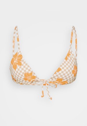 Rutig bikinitopp med orange blommönster, justerbar knytning framtill och smala band. Tillverkad av mjukt, elastiskt tyg.