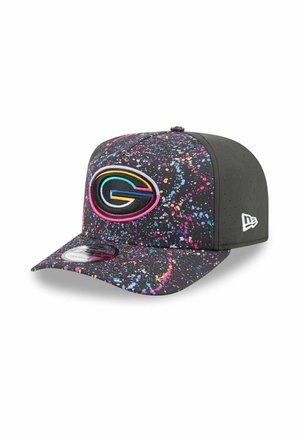 Black cap with multicolored splatter pattern, curved visor, raised logo on front, made from textured fabric, with side air holes.