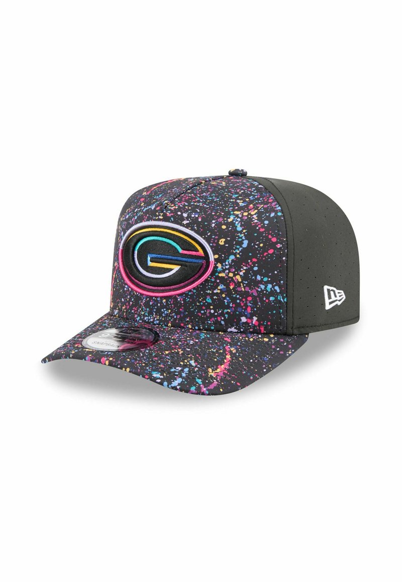 Black cap with multicolored splatter pattern, curved visor, raised logo on front, made from textured fabric, with side air holes.