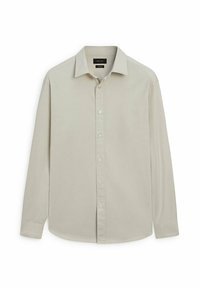 Jasno beżowa koszula z długim rękawem, wykonana z bawełny, z klasycznym kołnierzykiem, guzikami zapinanymi z przodu oraz gładką fakturą.