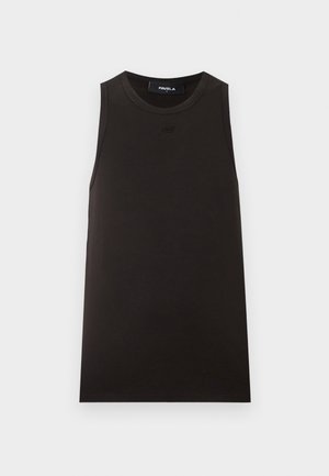 Débardeur noir sans manches avec encolure ronde, petit logo embossé sur la poitrine et étiquette « FAVELA » à l’intérieur du col.