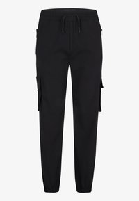 Pantalon cargo noir avec taille élastique, cordon, poches latérales zippées et poches à rabat sur les deux jambes, fuselé aux poignets élastiques.