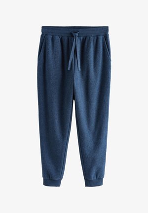 Dunkelblaue Fleece-Jogginghose mit elastischem Bund, verstellbarem Kordelzug, Seitentaschen und Bündchen an den Knöcheln.