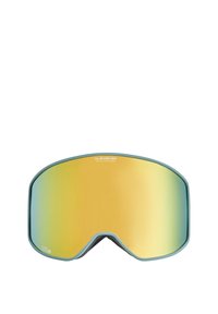 Gogle narciarskie z dużą, zakrzywioną, lustrzaną soczewką w kolorze żółtym i zielonym, oprawione w miękką niebieską plastikową ramkę. Posiadają powłokę zapobiegającą parowaniu.