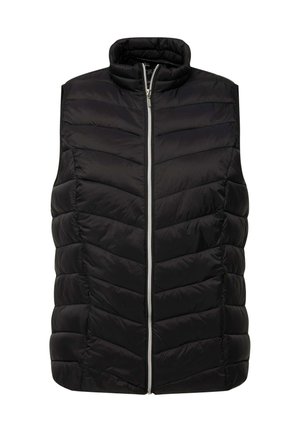 Schwarze ärmellose Steppweste mit hohem Kragen, ausgestattet mit einem Frontreißverschluss und einem Chevron-Steppmuster. Glattes, isoliertes Material.