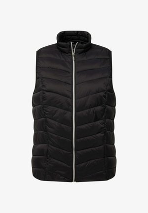Schwarze ärmellose Steppweste mit hohem Kragen, ausgestattet mit einem Frontreißverschluss und einem Chevron-Steppmuster. Glattes, isoliertes Material.