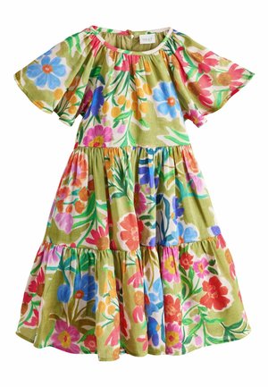 Mädchenkurzarmkleid mit gerafften Stufen, mit einem hellen, mehrfarbigen Blumenmuster auf hellgrünem Hintergrund.