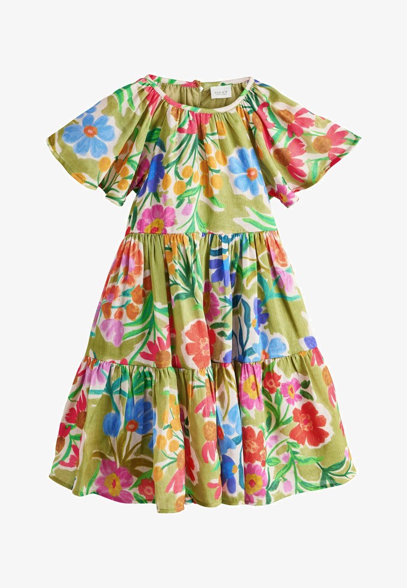 Robe à manches courtes pour filles avec des volants froncés, présentant un motif floral multicolore vif sur un fond vert clair.