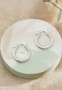 Silver hoopörhängen med vriden design, med en polerad yta. Visade på en slät, rund dekorativ bricka i grönt och vitt.