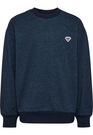 Mørkeblå tekstureret sweatshirt med rund hals, ribkanter ved ærmer, bund og krave, med en lille hvid bi-emblem på venstre bryst.