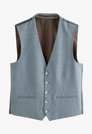 Grå vest med et struktureret stof, der har en V-halsudskæring, seks knaplukninger foran og to sidelommer. Foret med brunt materiale.