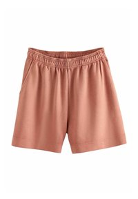 Pantalones cortos con cintura elástica en color rosa polvo, confeccionados en tela suave. Presentan una cintura elástica y bolsillos laterales, con un ajuste relajado y corte recto.