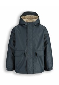 Ciemnoniebieska wodoodporna kurtka z futrzanym wykończeniem kaptura, napami, dwoma przednimi kieszeniami oraz elastycznymi mankietami dla ciepła i komfortu.