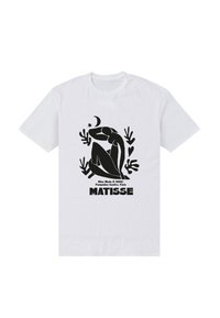 Hvid bomulds t-shirt med en sort grafisk illustration af en siddende figur, omgivet af abstrakte former og teksten "MATISSE."