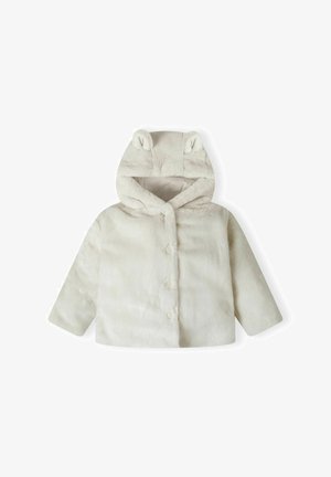 Szőrme hatású kapucnis dzseki krém színben, medvefülekkel, gombos záródással és hosszú ujjakkal, puha tapintású és plüss kivitelű.