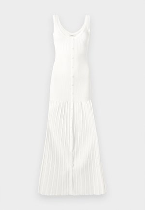 Weißes geripptes Kleid mit weitem Ausschnitt, Knopfverschluss und schwingendem, plissiertem Rock. Hergestellt aus weichem, strukturiertem Material. Glatte Oberfläche.