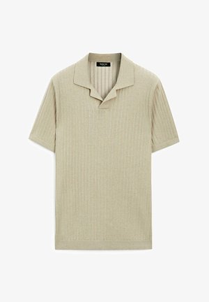 Polo shirt corto a maniche corte di colore beige chiaro, con texture a coste, colletto piatto e orlo dritto. Design semplice senza motivi o dettagli visibili.