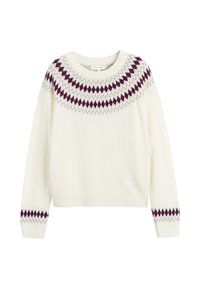 Maglione color crema con scollo rotondo, caratterizzato da un motivo a diamante maroon e grigio chiaro che si estende su giromanica e maniche.