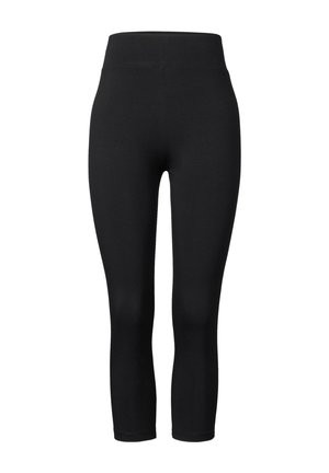 Mustat leggingit korkealla vyötäröllä, joustavasta materiaalista, jossa on sileä pinta ja tiukka malli. Ei näkyviä kuvioita tai koristeita.