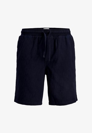 Temno modri kratki hlače z teksturirano tkanino, elastičnim pasom z nastavljivo vrvico in sproščenim krojem. Žepi niso vidni.