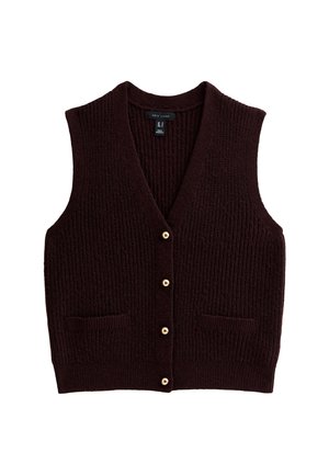 Burgundy knitted vest with a V-neck, five gold buttons down the front, and two front pockets. Textured ribbed design.