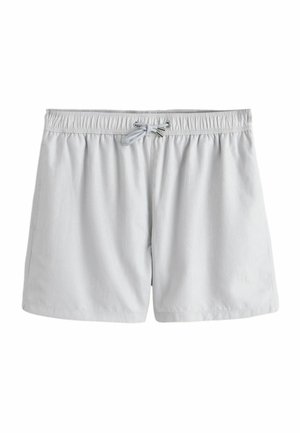 Light gray swim shorts with elastic waistband and a centered drawstring tied in a bow at the front.