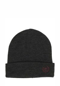 Megzta juoda kepurė su sulankstytu kraštu, ant kurio yra mažas tamsiai raudonas logotipas. Minkšta tekstūra, apvalios viršūnės dizainas.