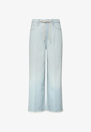 Lichtblauwe denim broek met wijd uitlopende pijpen, rafelige zoom en een beige trekkoord in de tailleband, voorzien van voor- en achterzakken.