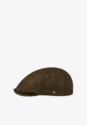 Brown and gray tweed flat cap with a small metallic logo badge on the side.