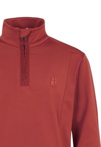 Pullover rosso a maniche lunghe con colletto alto, chiusura con zip e piccolo logo sul petto. Tessuto liscio con dettagli di cucitura tono su tono.
