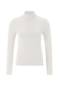 White long-sleeve turtleneck sweater made from a soft knit fabric, featuring a ribbed collar and subtle shimmering texture throughout.